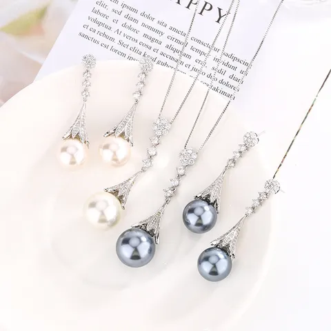 Elegant Metal Artificial Pearl Tassel Jewelry Set Rhinestone Pendant Necklace Long Drop Earrings For Women Luxury Party Accessories