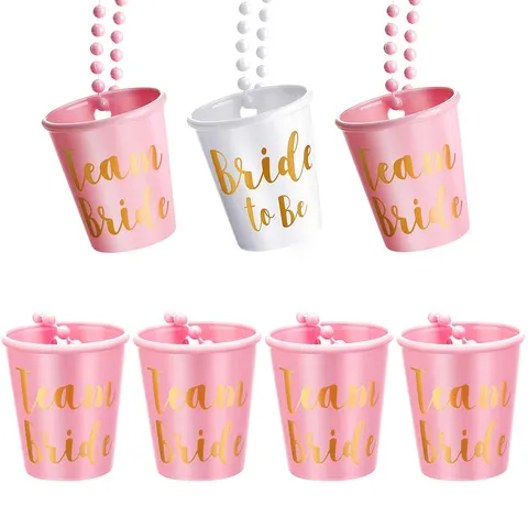 Plastic Party Shot Glass Necklace With Beaded Chain For Bachelor Party Bridal Shower Groom Team Bride To Be Cups Festive Decoration