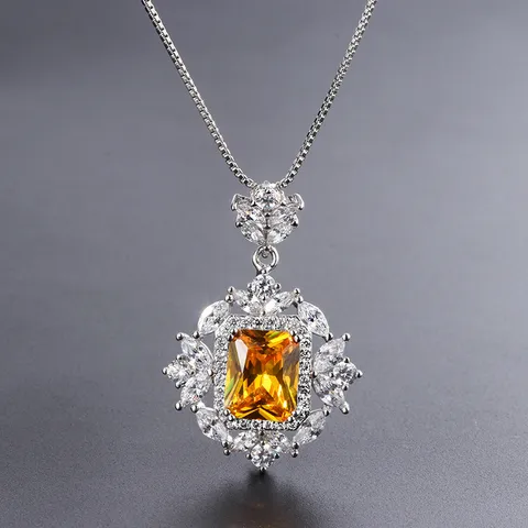 Vintage Gesimuleerde Gele Diamant Zirconia Hanger Ketting Voor Vrouwen Elegante Retro Vierkante Edelsteen Sieraden Koper Verguld Sleutelbeen Ketting