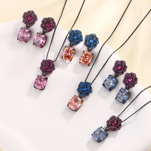 Retro Black Gold Copper Zirconia Camellia Jewelry Set For Women Floral Cushion Cut Pendant Necklace Stud Earrings Set