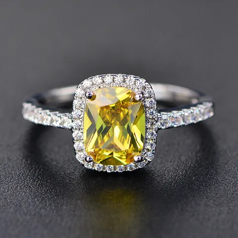 Anello in Rame Placcato Oro con Strass Giallo Taglio a Cuscino Vintage Anello di Fidanzamento da Donna