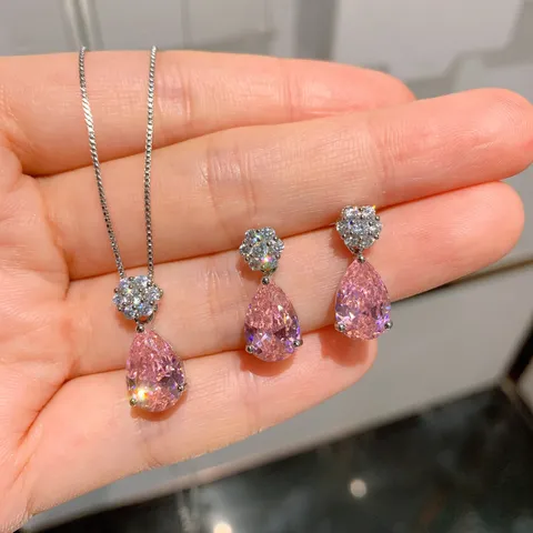 Koreanischer Stil Simulierte Rosa Diamant Wassertropfen Anhänger Ohrringe Set Vergoldet Kupfer Strass Schmuckset Für Damen