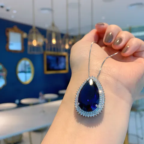 Elegant Copper Glass Rhinestone Jewelry Set For Women Sweet Pear Shaped Blue Pendant Necklace Earrings Gift