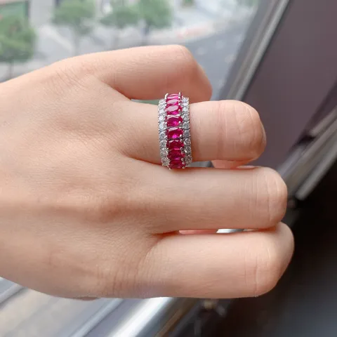 Anello Vintage in Rame con Rubino Sintetico Rosso e Spinello Blu per Donna Fascia Larga Retrò con Strass e Gemme