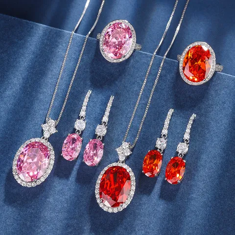 Collana Pendente Anello Orecchini in Rame Placcato Oro con Pietra Preziosa Simulata Ovale Strass Regalo Matrimonio Donna