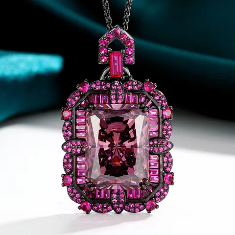 Set Gioielli Vintage in Rame con Oro Nero e Strass Taglio Radiant Gemma Quadrata Verde Paraiba Rosa Antico Rosso Arancio Collana Ciondolo Set Anelli da Donna