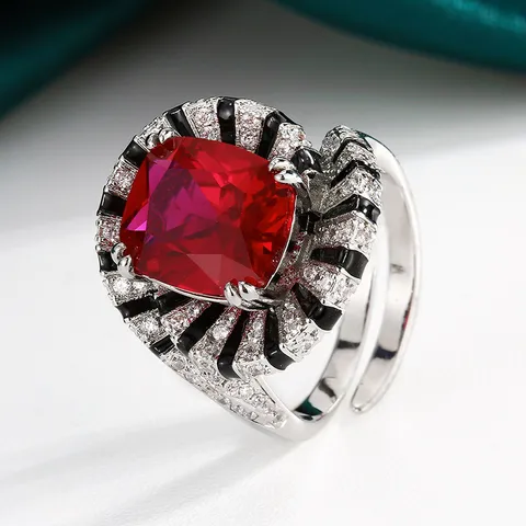 Bague Cocktail en Strass à Coupe Cushion Carrée Style Art Déco pour Femmes Bague en Cuivre Plaqué Or avec Émail Rayonnant