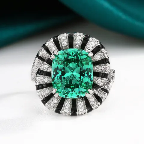 Bague Cocktail en Strass à Coupe Cushion Carrée Style Art Déco pour Femmes Bague en Cuivre Plaqué Or avec Émail Rayonnant