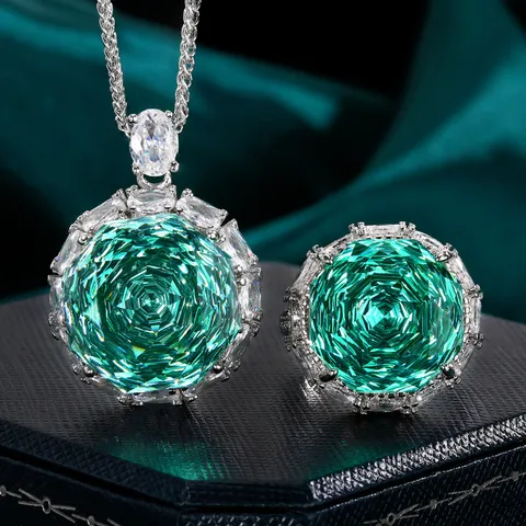 Collezione Gioielli Collana E Anello In Rame Placcato Oro Con Pietra Verde Taglio Rosa Per Donna Gioielli Strass Verde Paraiba