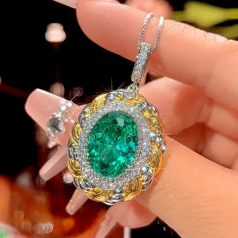 Retro Two Tone Bird Nest Paraiba Green Pendant Necklace Ring For Women Oval Gemstone Rhinestone Inlaid Luxurious Jewelry