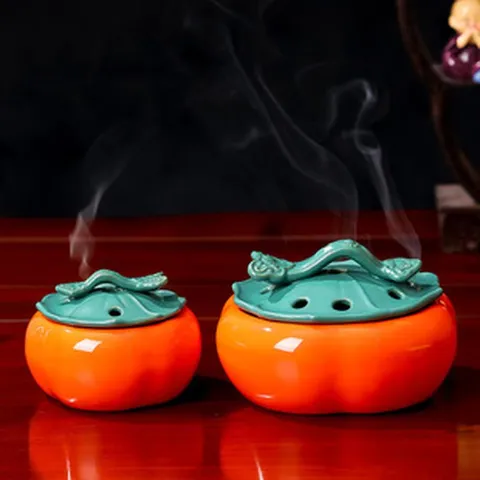 Estilo Chino Cerámica Caqui Quemador De Incenso Lindo Forma De Fruta Difusor De Aroma Hogar Escritorio Decorativo Soporte De Incenso