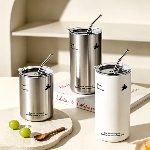 Tasse à Café Isotherme Moderne en Acier Inoxydable Avec Paille Poignée 304 Bouteille Isotherme Portable Pour Bureau Voyage