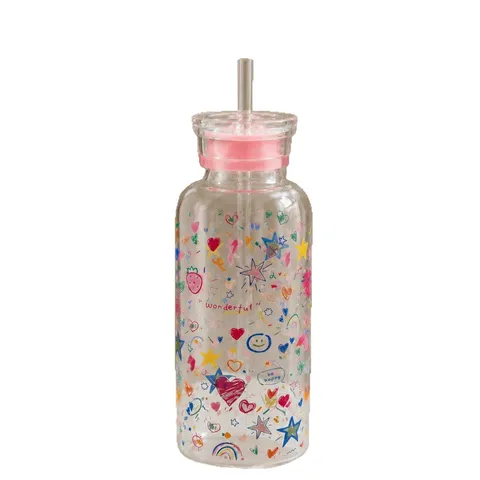 700ml Borosilikatglas Becher Mit Strohhalm Und Deckel Süß Graffiti Druck Hitzebeständig Kaffee Milch Tasse Für Damen Büro Geschenk