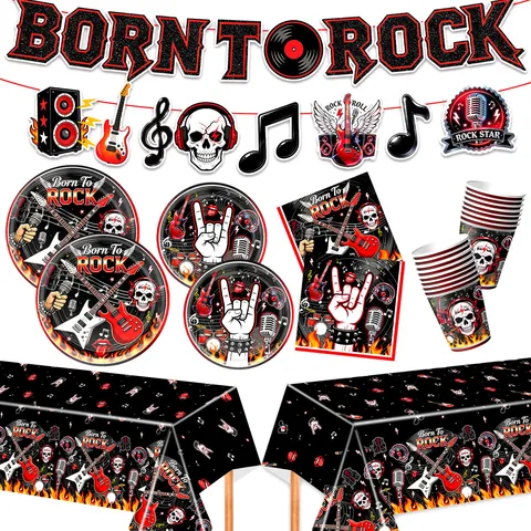 Rock Totenkopf Partygeschirr Dekorationen Teller Becher Servietten Tischdecke Banner Rock Star Geburtstag Party Zubehör Punk Musik Themen