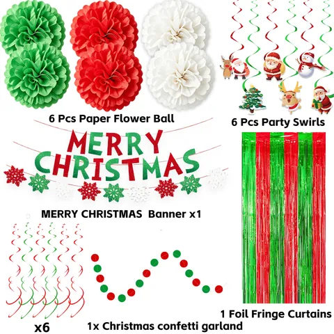 Fournitures de Décoration de Joyeux Noël Avec Pom Poms en Papier Lettres Bannière Suspendue Rideau à Franges en Aluminium Métallique Ballons Guirlande en Spirale Décor