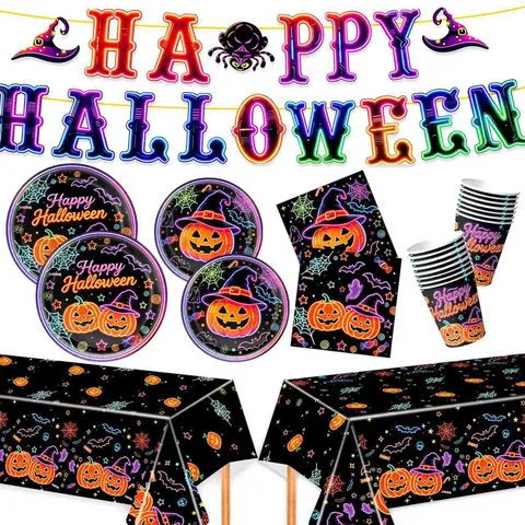 Neon Pumpkin Halloween Party Tableware Disposable Paper Plates Cups Napkins Banner Tablecloth Theme Set Supplies For Holiday Dinner