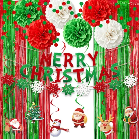 Fournitures de Décoration de Joyeux Noël Avec Pom Poms en Papier Lettres Bannière Suspendue Rideau à Franges en Aluminium Métallique Ballons Guirlande en Spirale Décor