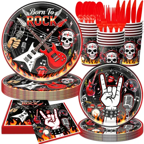 Rock Skelett Thema Partygeschirr Set Halloween Party Dekorationen Pappteller Becher Servietten Tischdecke Luftballons Für Geburtstag