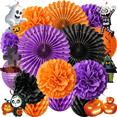 Halloween Party Dekorationen Papierfächer Wabenbälle Laterne Spirale Hängende Streamer Für Festliche Veranstaltungsort Layout Dekor