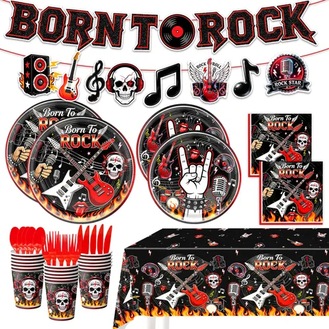 Rock Skelett Thema Partygeschirr Set Halloween Party Dekorationen Pappteller Becher Servietten Tischdecke Luftballons Für Geburtstag