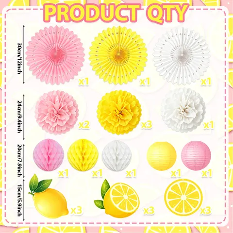 Summer Lemon Theme Party Decoration Set Yellow Pink White Paper Lantern Honeycomb Ball Pom Poms Banner Hanging Decor For Birthday Home