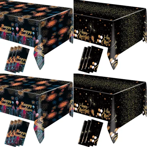 Nappe de Fête Nouvel An Feux d'artifice Paysage Nocturne Urbain Imprimé Imperméable Résistant à l'Huile Nappe Jetable Plastique