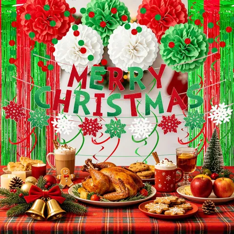 Christmas Party Decorations Set Red Green Merry Christmas Letter Banner Paper Pom Poms Fringe Curtain Hanging Swirls For Home Decor