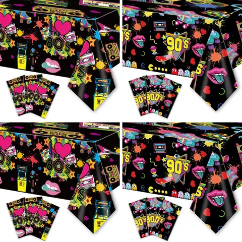 Nappe Jetable Disco Party Rétro Pop Art Couverture de Table Pour Fête à Thème Décoration Fournitures Nappe Noire