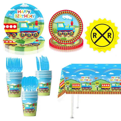 Little Train Theme Birthday Party Disposable Tableware Cartoon Railway Sign Paper Plates Cups Napkins Tablecloth Cutlery Kids