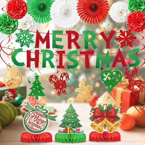 Red Green Merry Christmas Party Decoration Banner Honeycomb Paper Flower Pom Pom Spiral Hanging Ornaments For Holiday Celebration