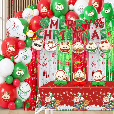 Christmas Cartoon Bun Theme Party Decoration Set Merry Christmas Banner Latex Balloons Paper Honeycomb Spiral Hanging Ornaments For Holiday Home Decor