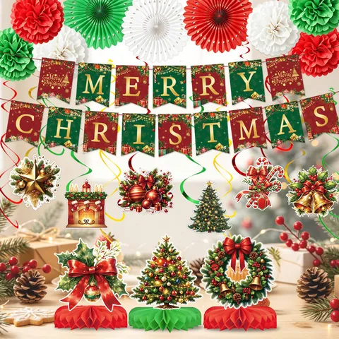 Gold Weihnachten Party Dekoration Papier Banner Spiral Ornamente Waben Ornamente Papier Fächer Pom Poms Set Für Haus Veranstaltungsort Layout Festliche Party Deko