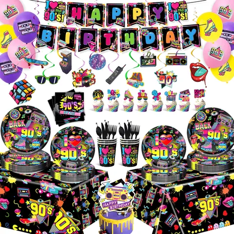 Suministros de Fiesta Temática Retro Años Noventa Pancarta Platos de Papel Vasos Servilletas Mantel Desechable Decoración Cumpleaños