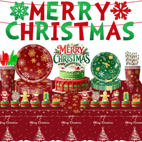 Merry Christmas Party Geschirr Set Rot Grün Schneeflocke Bedruckt Pappteller Becher Servietten Tischdecke Banner Für Weihnachtsfeier Dekoration