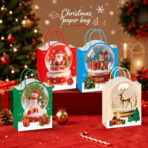 12 Pcs Christmas Paper Gift Bags With Handles Kraft Paper Santa Claus Snowman Reindeer Printed Snow Globe Holiday Treat Bags Decor