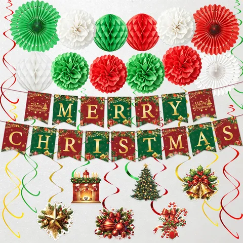 Gold Weihnachten Party Dekoration Papier Banner Spiral Ornamente Waben Ornamente Papier Fächer Pom Poms Set Für Haus Veranstaltungsort Layout Festliche Party Deko