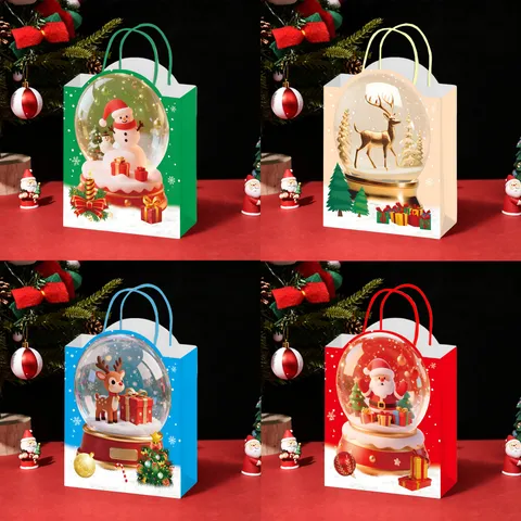 12 Pcs Christmas Paper Gift Bags With Handles Kraft Paper Santa Claus Snowman Reindeer Printed Snow Globe Holiday Treat Bags Decor