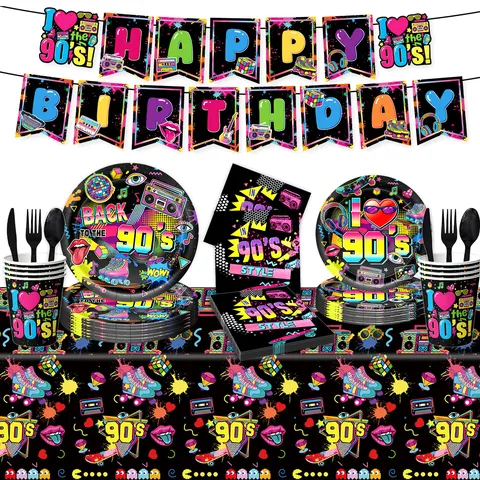 Suministros de Fiesta Temática Retro Años Noventa Pancarta Platos de Papel Vasos Servilletas Mantel Desechable Decoración Cumpleaños