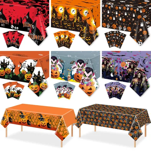 Halloween Disposable Plastic Tablecloth Waterproof Oilproof Pumpkin Skull Printed Rectangle Party Table Cover Spooky Decoration