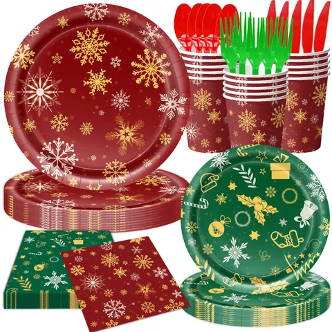 Merry Christmas Party Geschirr Set Rot Grün Schneeflocke Bedruckt Pappteller Becher Servietten Tischdecke Banner Für Weihnachtsfeier Dekoration