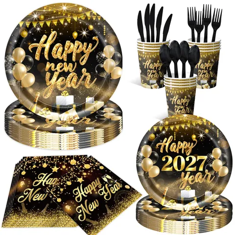 Schwarz Gold 2027 Frohes Neues Jahr Party Dekorationen Zubehör Geschirr Teller Tassen Servietten Tischdecke Banner Luftballons Kuchenaufsätze Eve Dekor