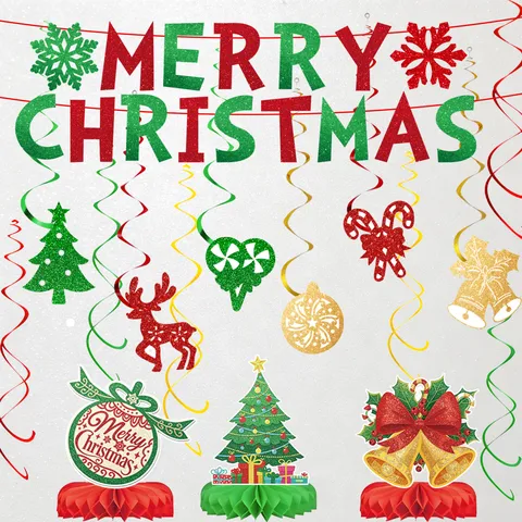 Red Green Merry Christmas Party Decoration Banner Honeycomb Paper Flower Pom Pom Spiral Hanging Ornaments For Holiday Celebration