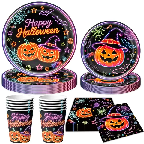 Halloween Kürbis Partygeschirr Set Neon Stil Einweg Pappteller Becher Servietten Tischdecke Banner Feiertag Dekoration