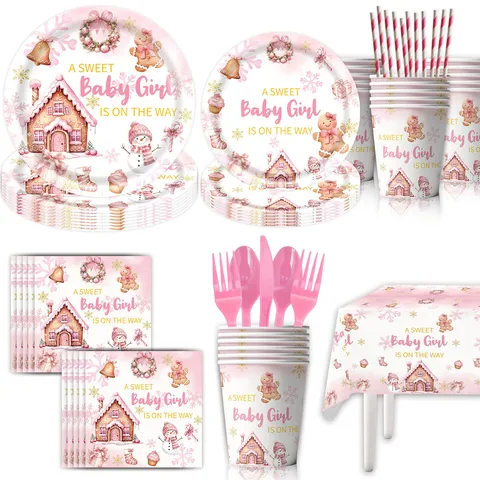 Επιτραπέζια Σκεύη Μιας Χρήσης Baby Shower Gingerbread House Χάρτινα Πιάτα Ποτήρια Χαρτοπετσέτες Τραπεζομάντιλο Banner για Γέννηση Κοριτσιού