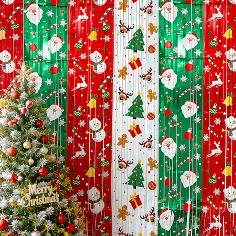 Christmas Aluminum Foil Tinsel Curtain Printed Santa Claus Snowflake Fringe Backdrop Party Festival Venue Decoration Props