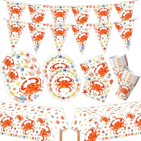 Summer Crab Ocean Theme Disposable Party Tableware Paper Plates Cups Napkins Tablecloth Banner For Beach Birthday Party Supplies