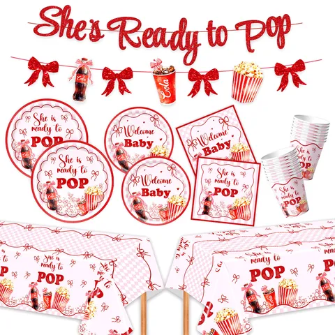 Amerikanisches Retro Cola Popcorn Thema Baby Shower Geschirr Pappteller Servietten Strohhalme Becher Tischdecke Banner Dekoration Bedarf