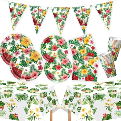 Hawaii Tropical Palm Leaf Hibiscus Disposable Party Tableware Set Paper Plates Cups Napkins Tablecloth Pennant Banner Summer Luau Party Decorations