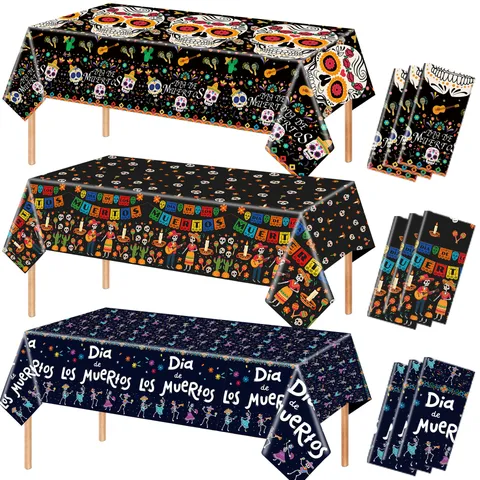Day Of The Dead Skull Tablecloth Disposable PE Waterproof Oilproof Table Cover For Mexican Party Halloween Decorations