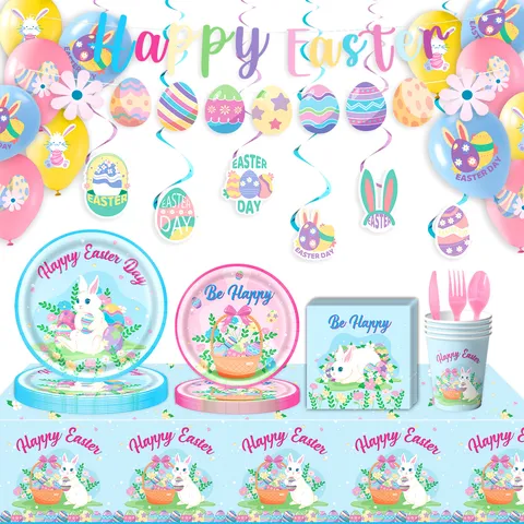 Osterparty Zubehör Set Cartoon Hase Ei Gedruckt Pappteller Becher Servietten Banner Tischdecke Für Kinder Geburtstag Feier Geschirr Deko